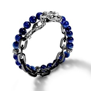 JOHN HARDY MENS LEGENDS NAGA DRAGON DOUBLE WRAP LAPIS BLACK STEEL BRACELET
